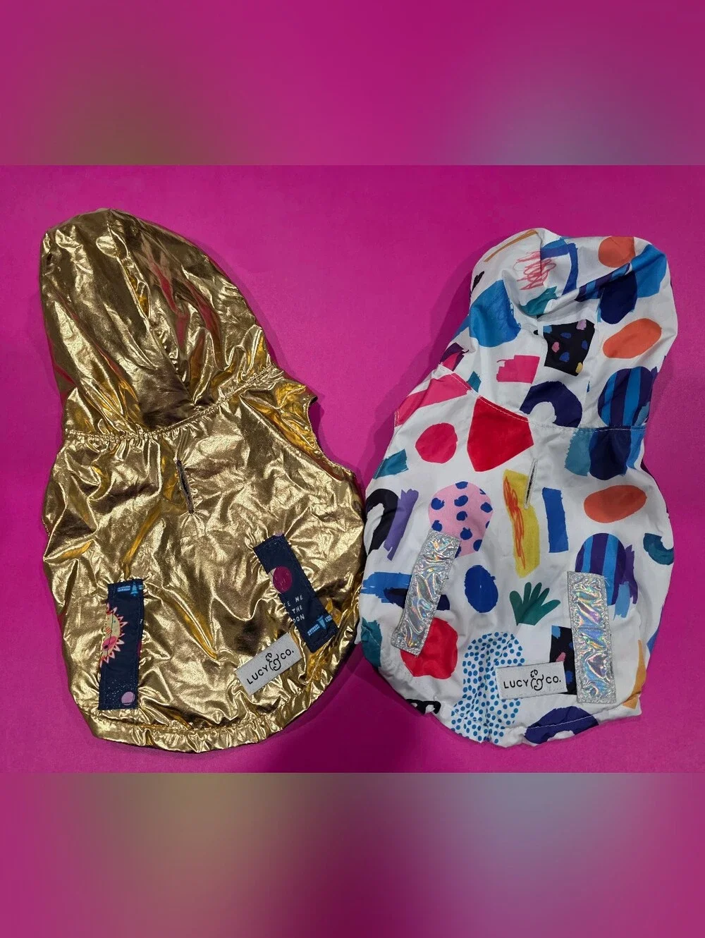Lucy & Co. Metallic Gold and Multicolor 2 Dog Hooded Jackets
